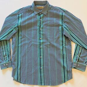 Tommy Bahama Button Down Dress Shirt Large Cotton Silk Green/Purple/Navy Stripes